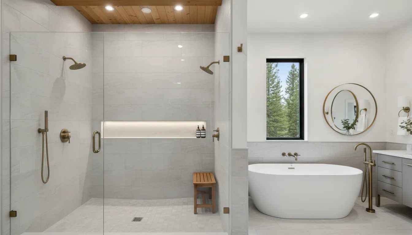 Modern walk-in shower with frameless glass and a rainfall showerhead, a popular shower remodel idea.