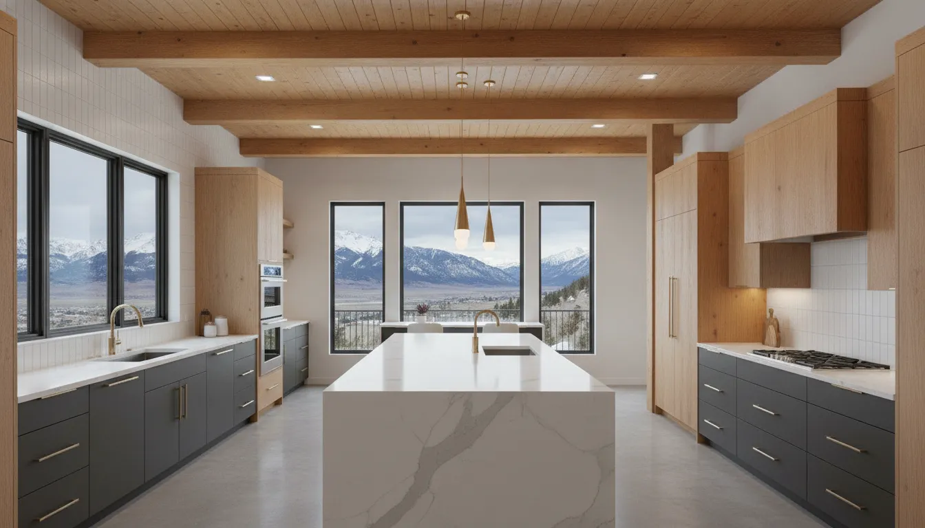 Modern Utah kitchen with wood beams, sleek cabinetry, large island, and mountain views.