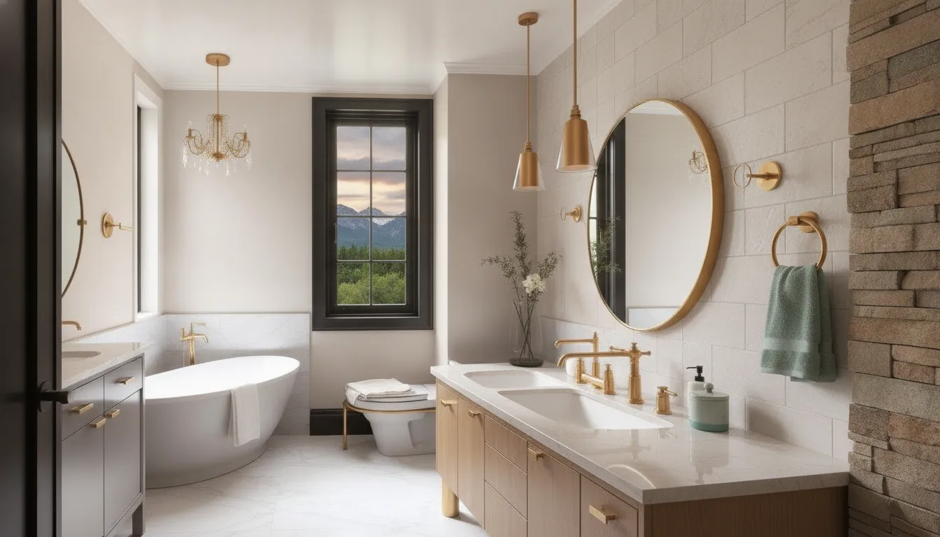 Small bathroom remodel idea with a large mirror, light colors, and a freestanding tub.