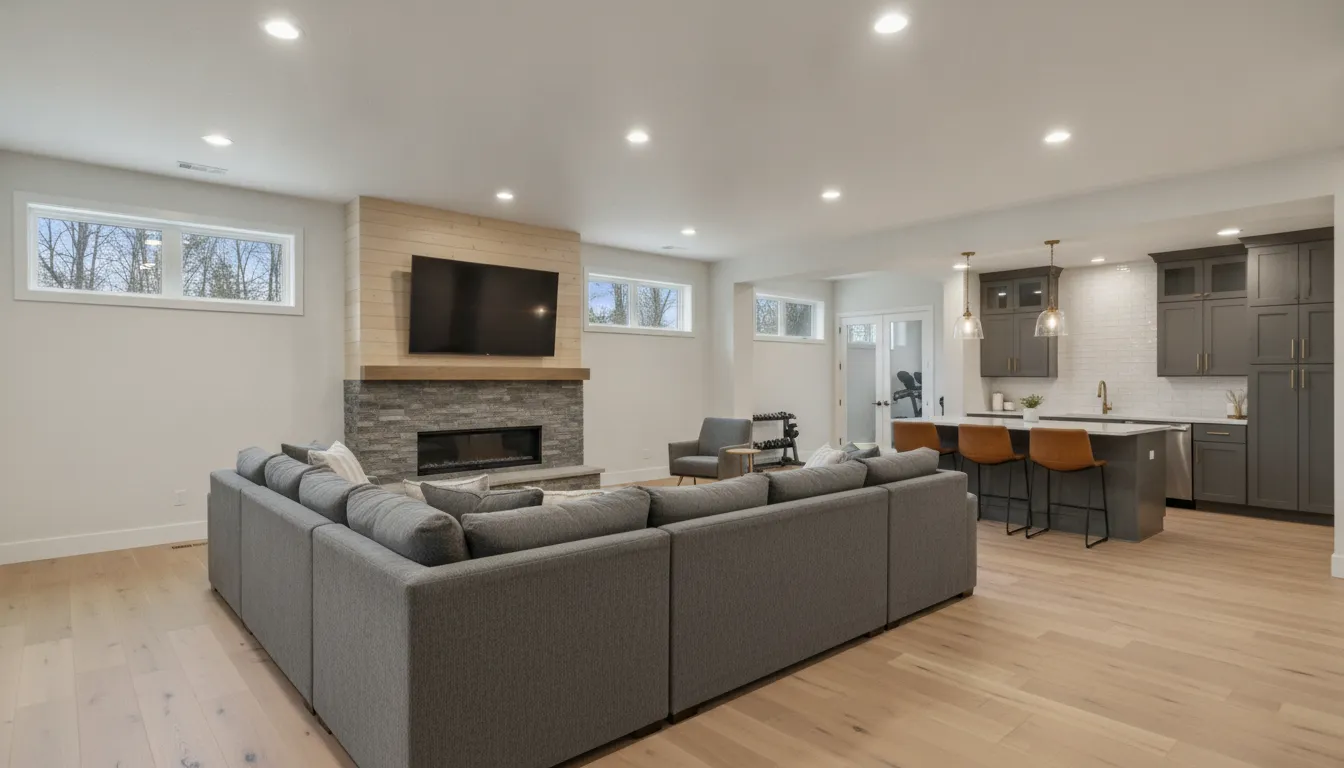 Modern basement remodel idea with a large sectional sofa, fireplace, and open concept entertainment space.