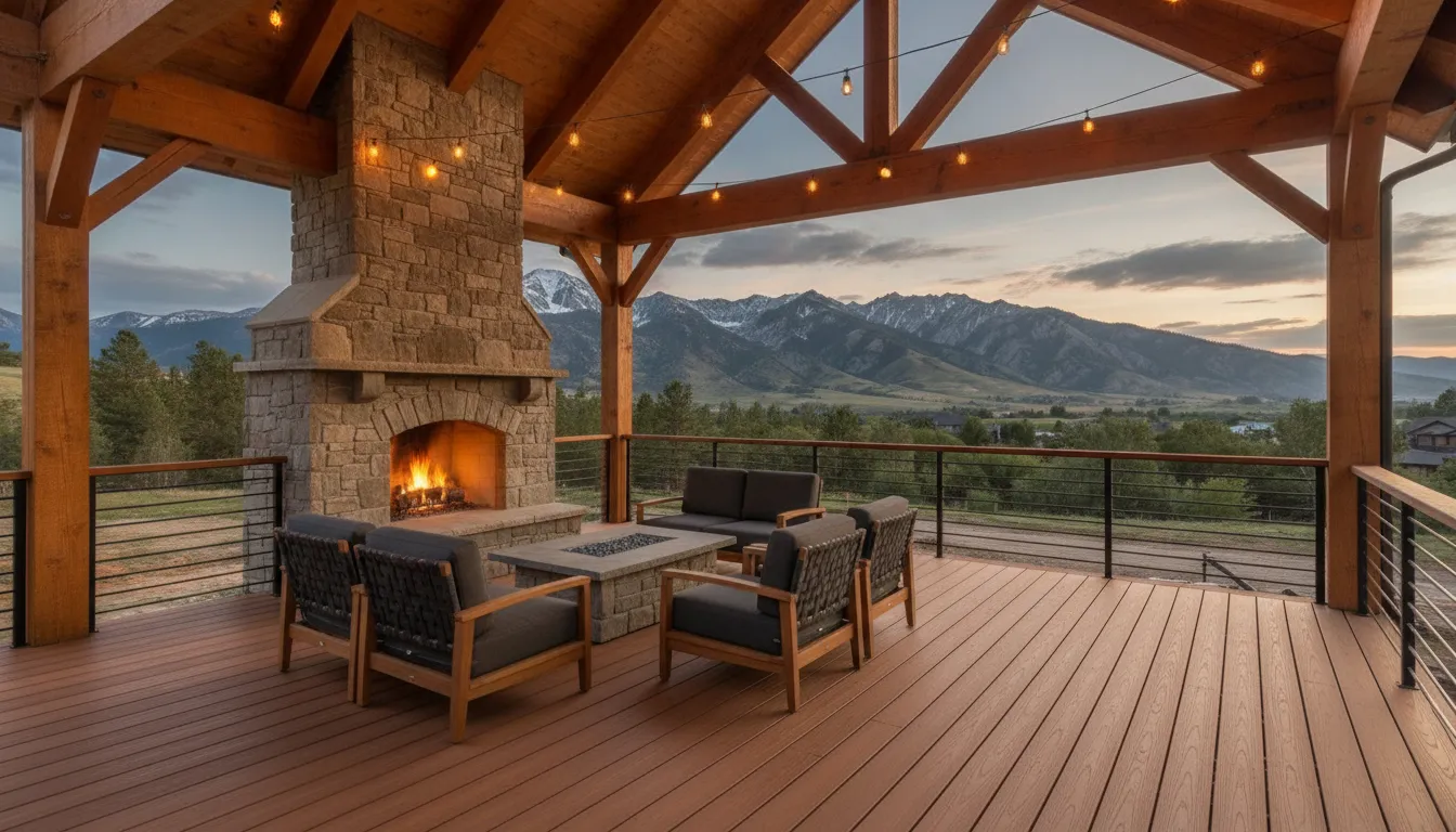 Covered outdoor wood deck with a stone fireplace and mountain views.