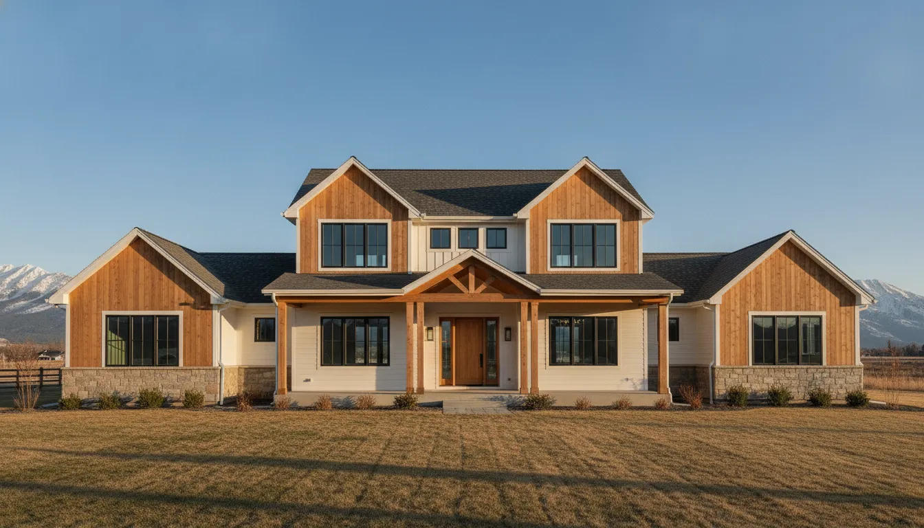 Colonial style house with symmetrical facade, gabled roof, and large windows against a clear sky.