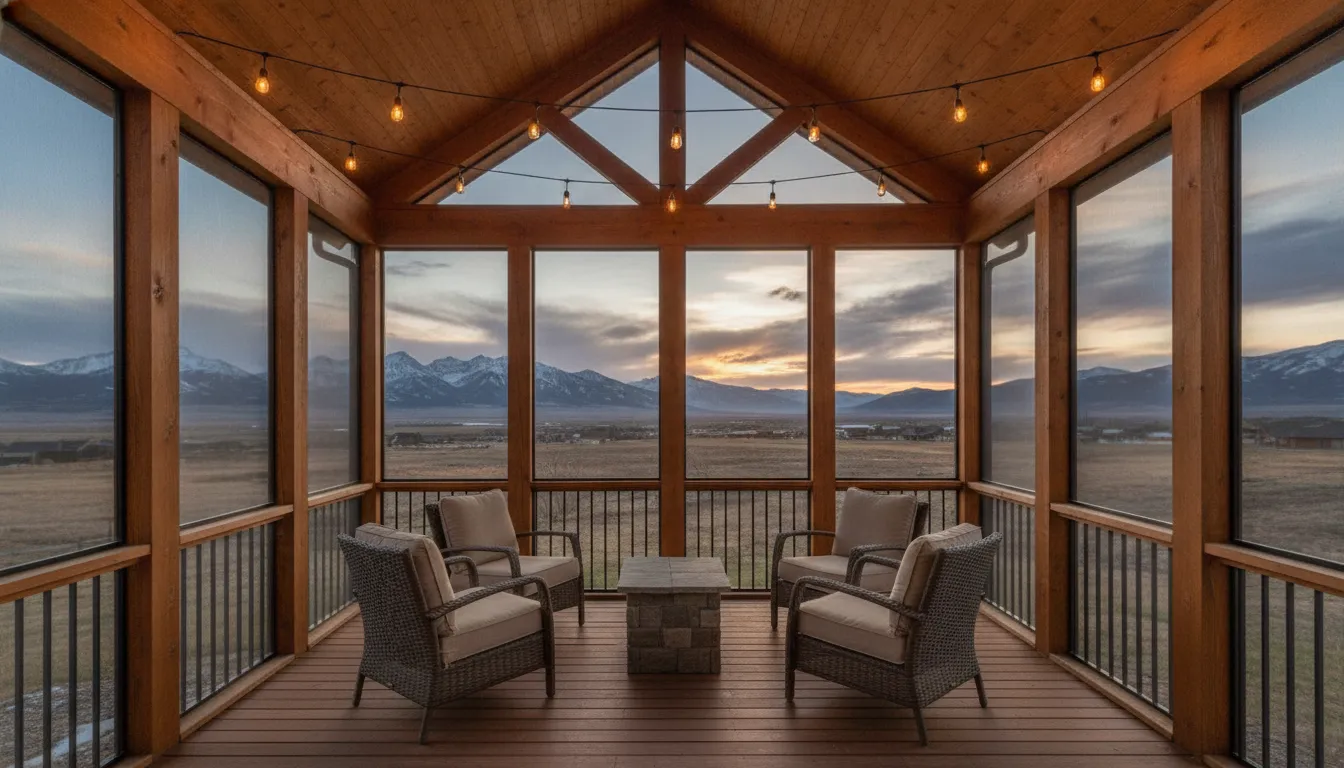 Utah screened-in porch with wood framing, cozy seating, and mountain views at sunset.