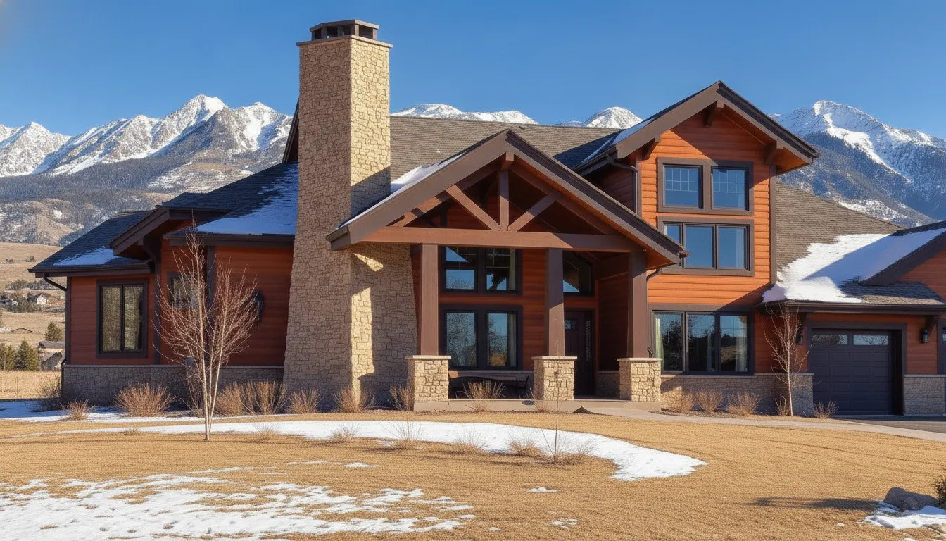 Craftsman house with stone chimney, wide eaves, covered porch, and Utah mountain views.