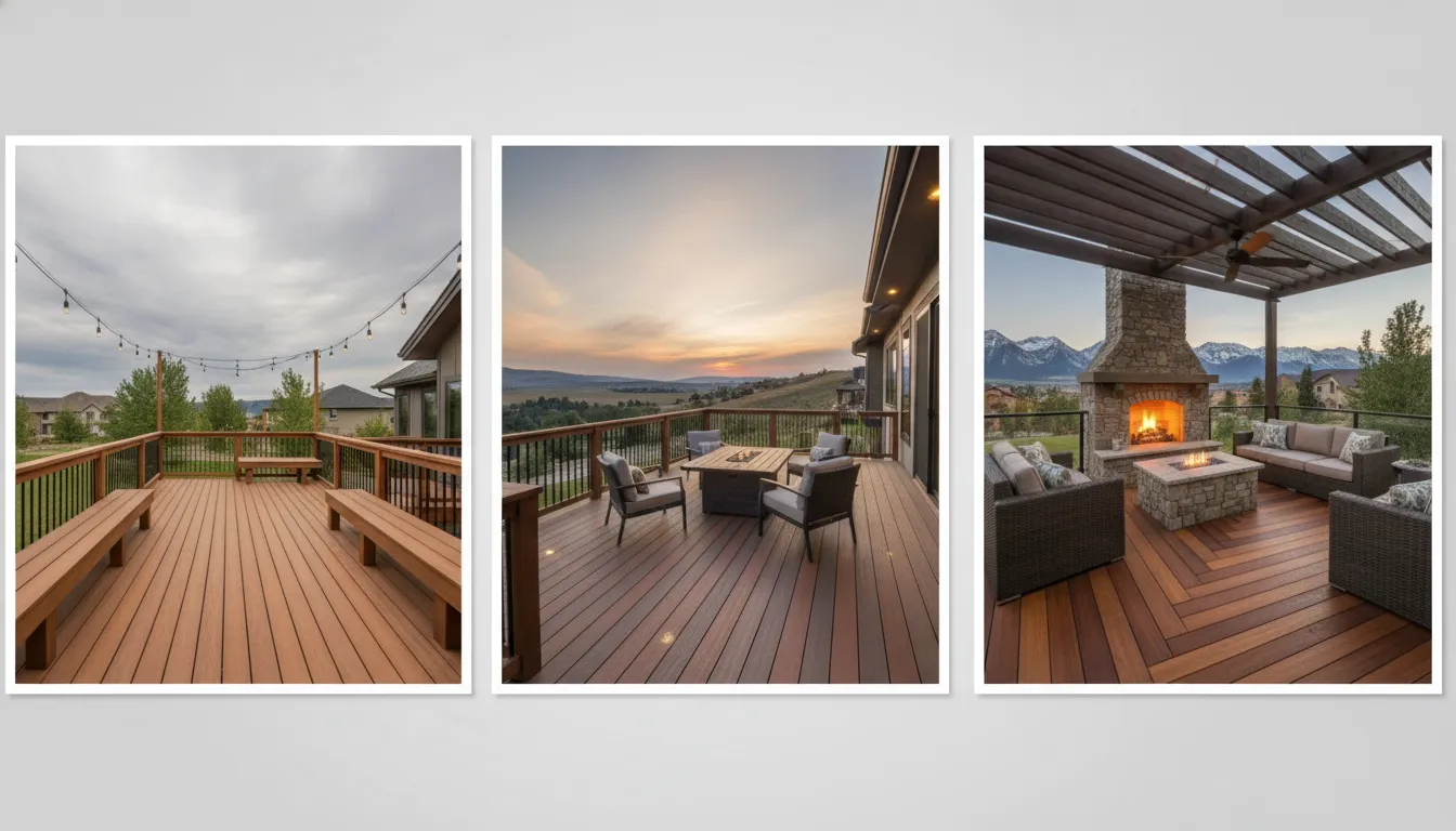 Modern deck design ideas for a new home with built-in seating and mountain views.