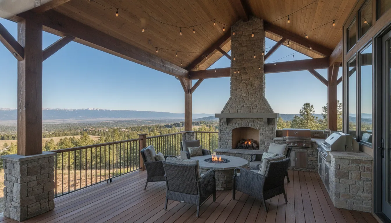 Covered deck with stone fireplace, outdoor seating, and Utah mountain views.