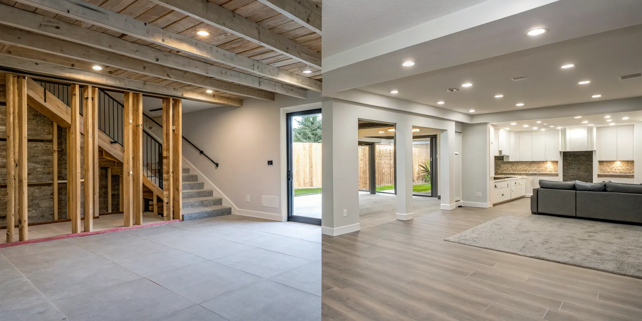A split image showing how much it costs to finish a basement, from concrete floors to a modern living area.