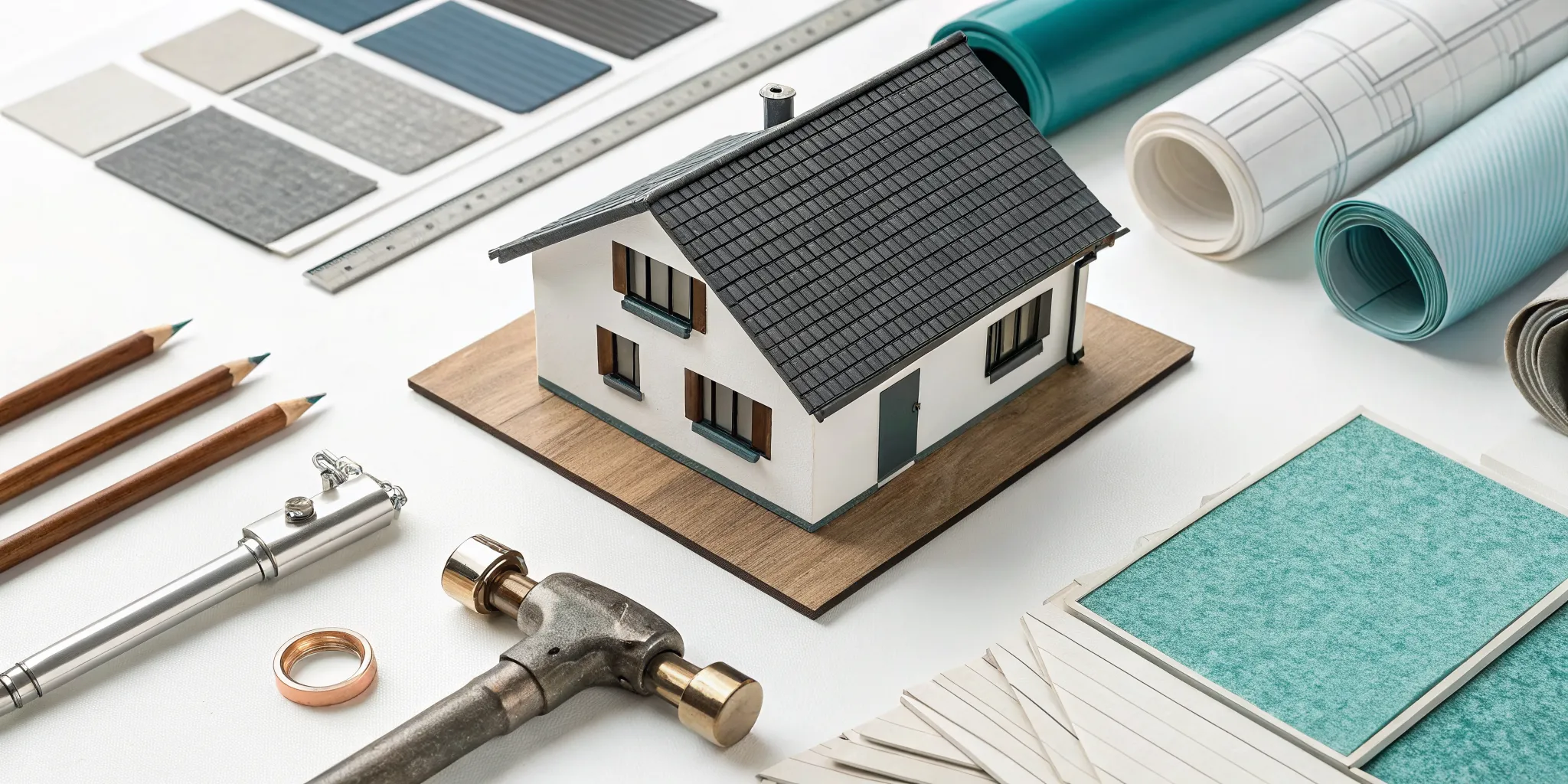 A model home on blueprints with samples to budget how much it costs to remodel a house.