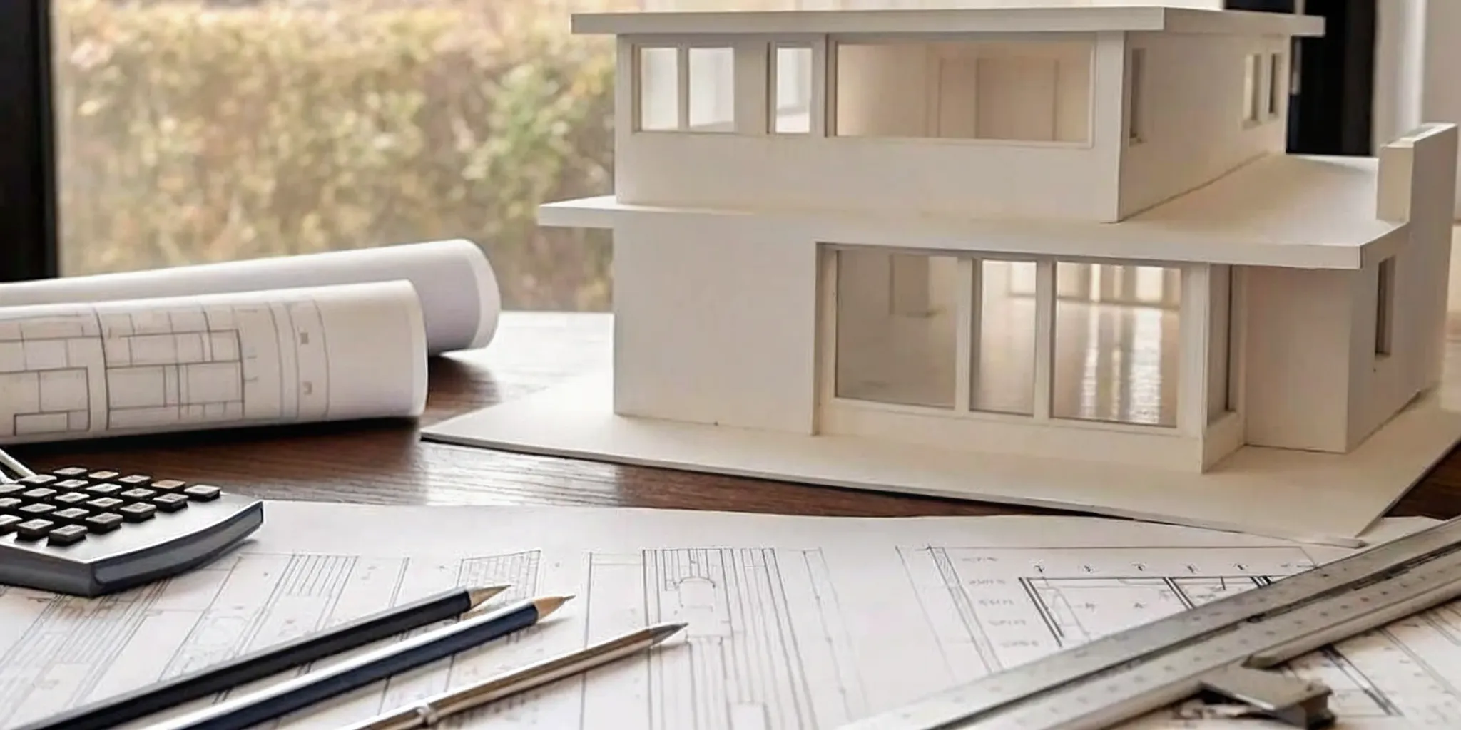Architectural model, blueprints, and calculator for planning how much to build a house.