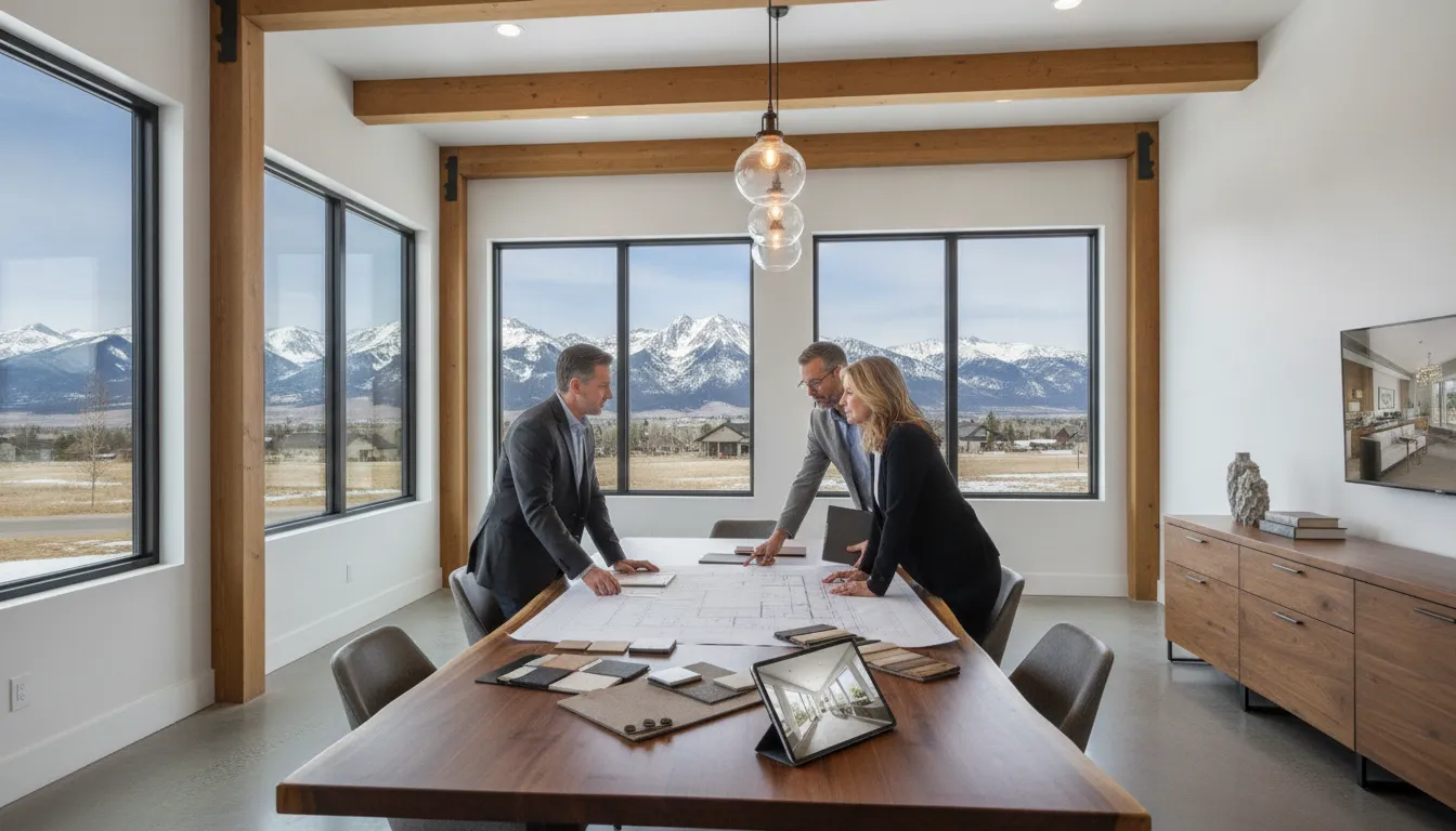Professionals review luxury whole-house remodel plans in a modern office with mountain views.