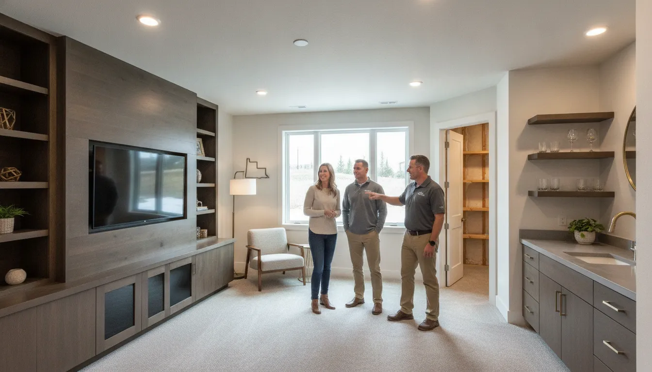 Modern finished basement with built-ins and a wet bar.