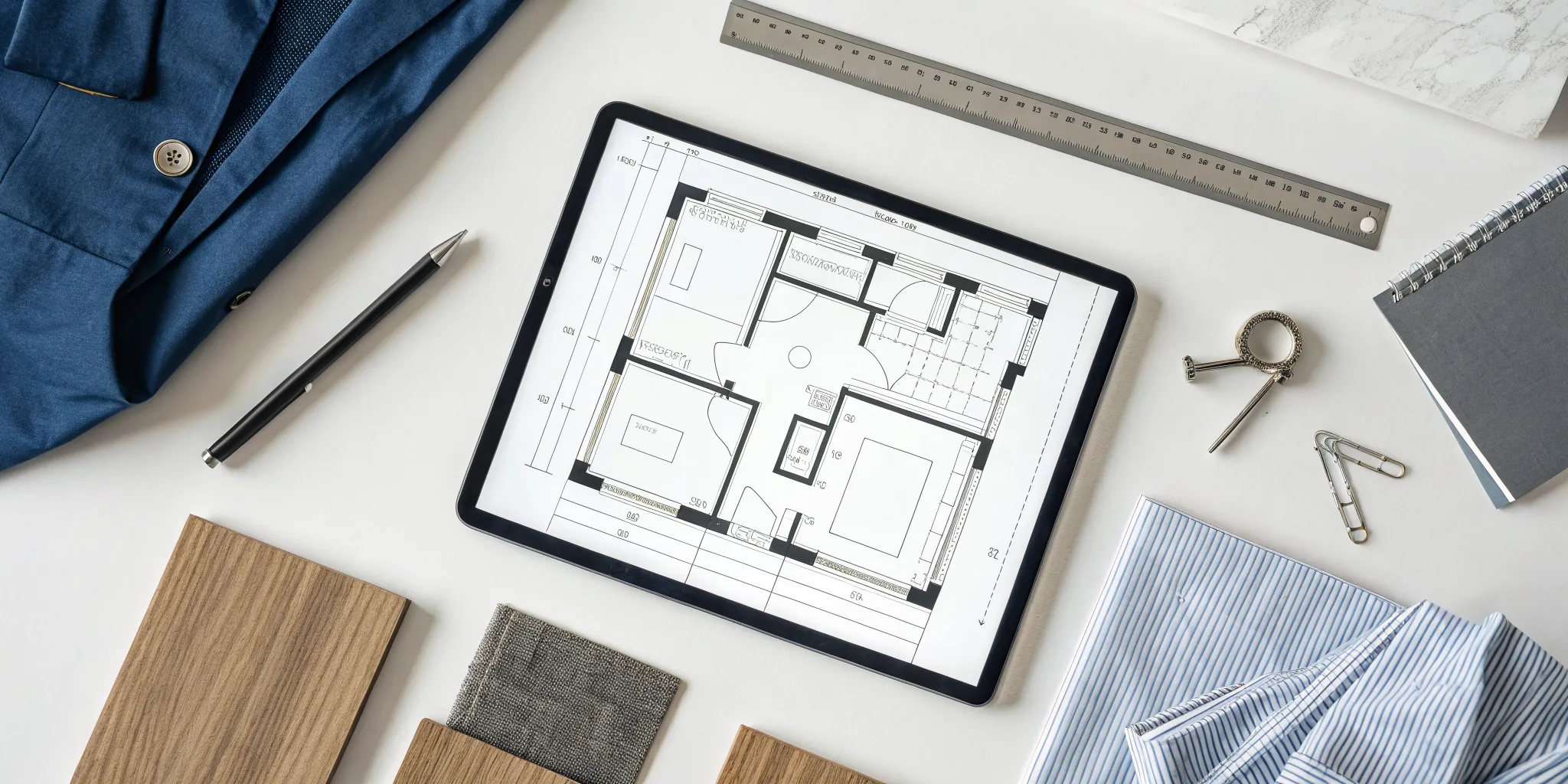 Reviewing house plans on a tablet while selecting materials like wood and fabric for a new home.