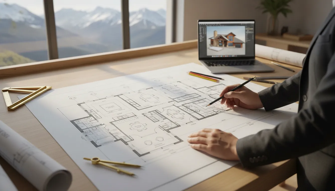 Architect designing a custom floor plan with blueprints and a 3D house model on a laptop.