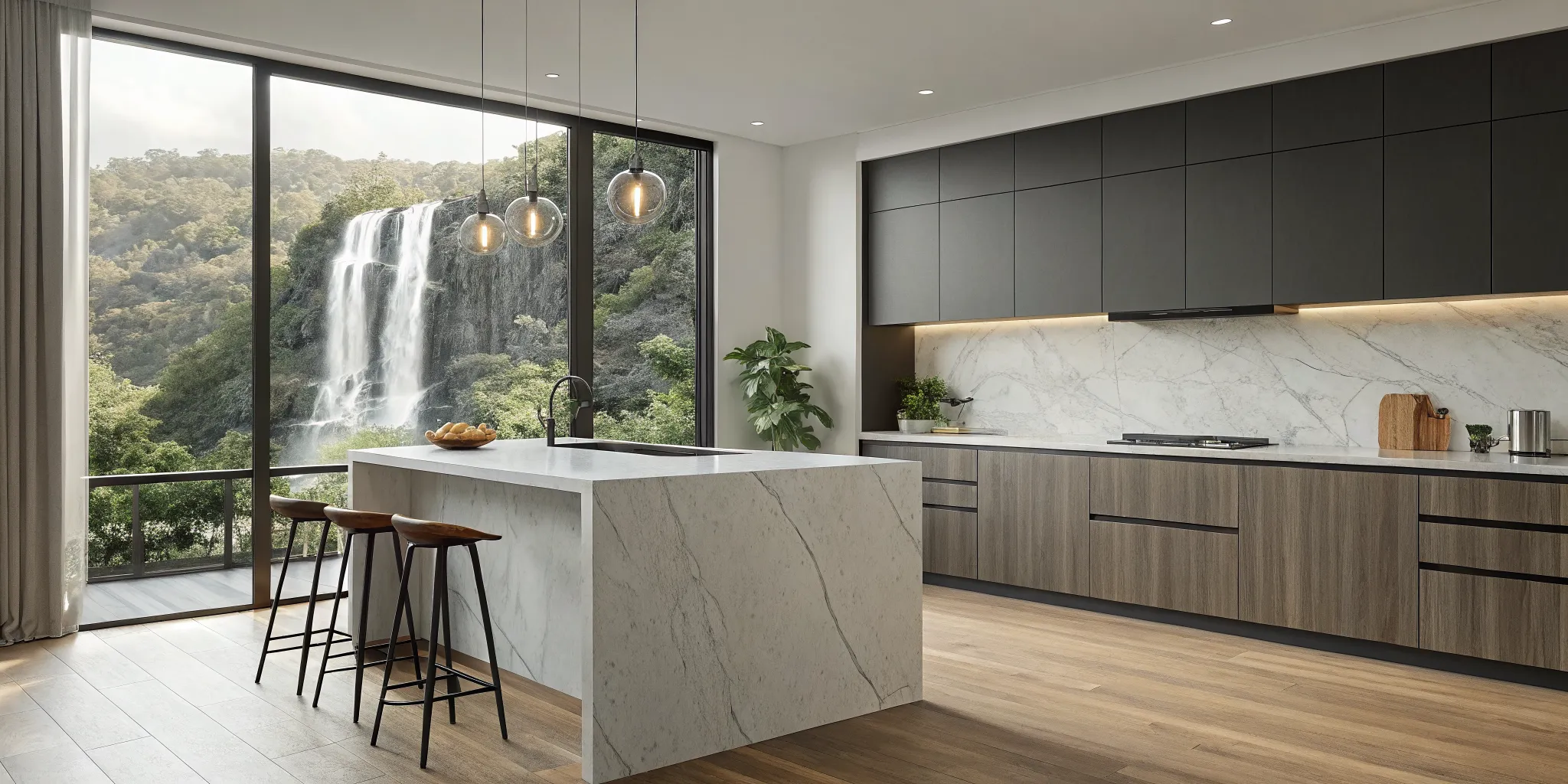 High-end kitchen remodel with a marble island, a key factor in the overall project cost.