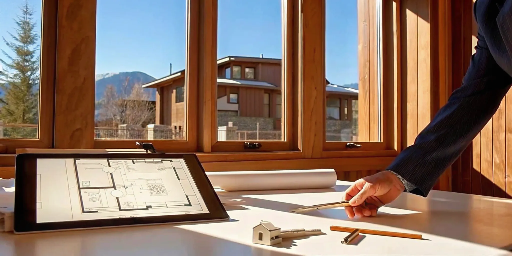 Architect reviewing blueprints for new construction homes for sale with a view of a modern house.