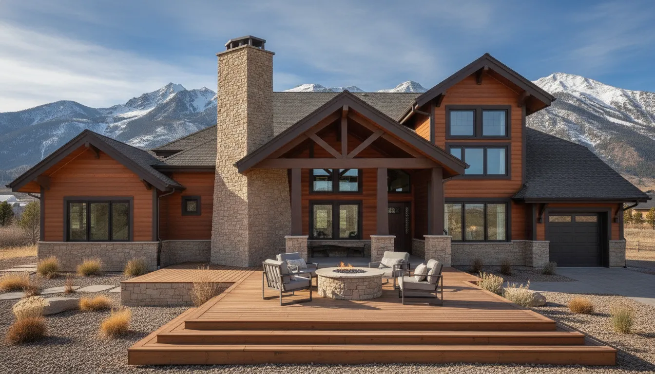 New Utah mountain home with wood and stone exterior, large windows, and outdoor living space.