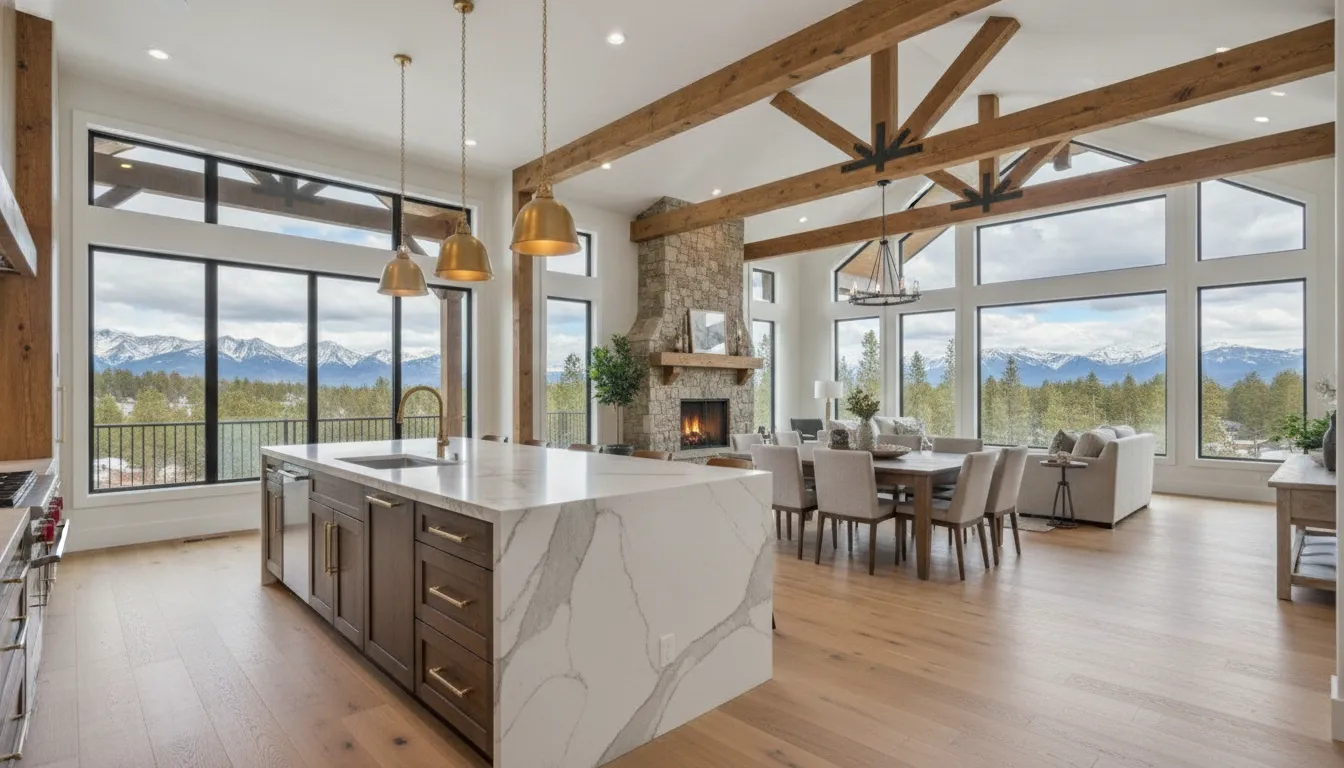 Open-concept main floor remodel with large windows, exposed beams, modern kitchen, dining, and living areas.