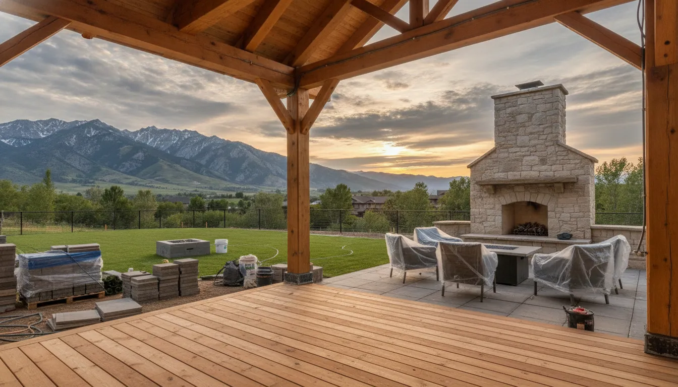 Covered patio under construction with wood decking and stone fireplace overlooking Utah mountains.