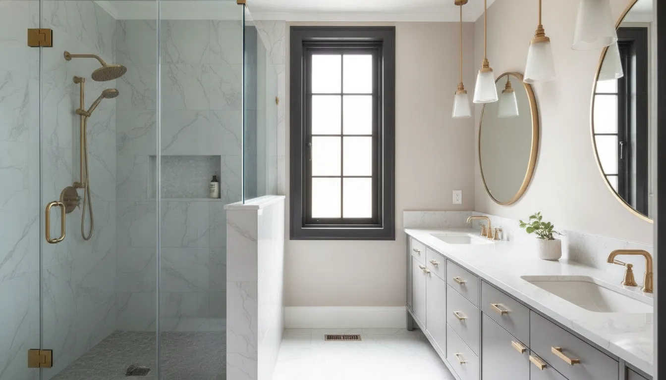 Modern walk-in shower with glass doors and gold fixtures after a complete shower remodel.