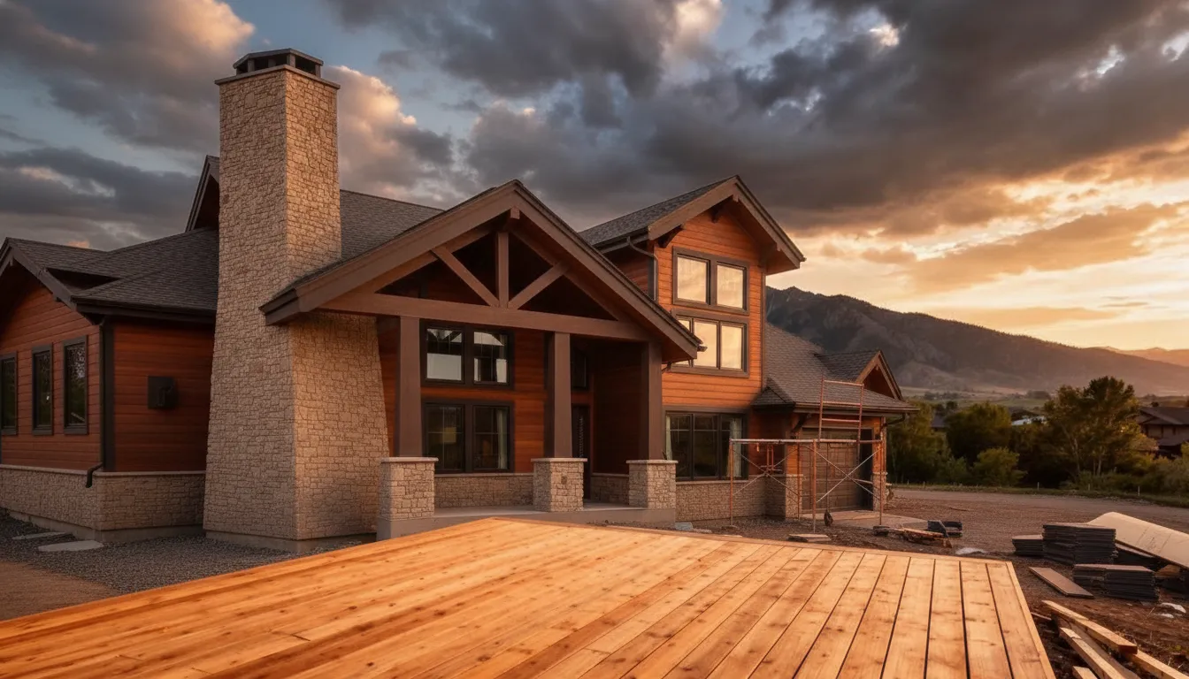 Modern Utah home with wood siding and stone accents at sunset.