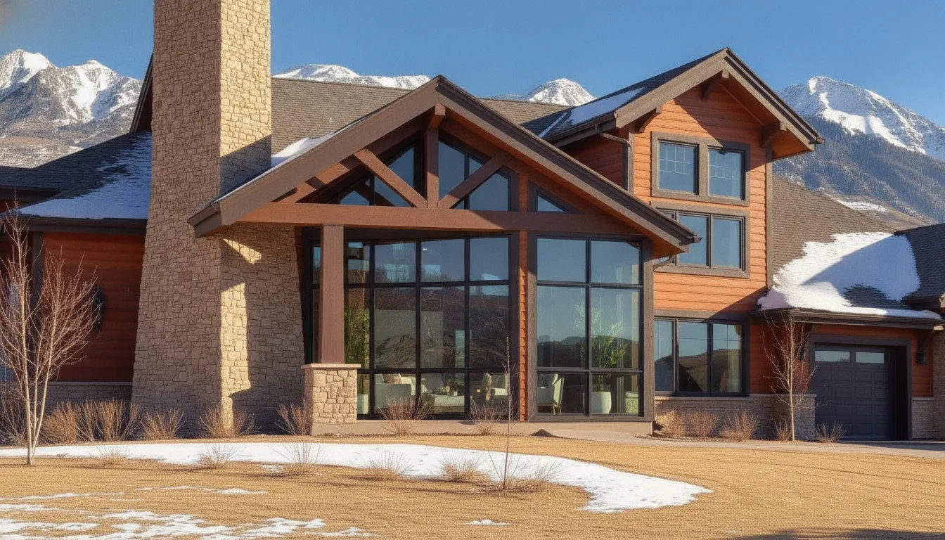 Modern Utah home with glass sunroom addition, wood siding, and snowy mountain views.