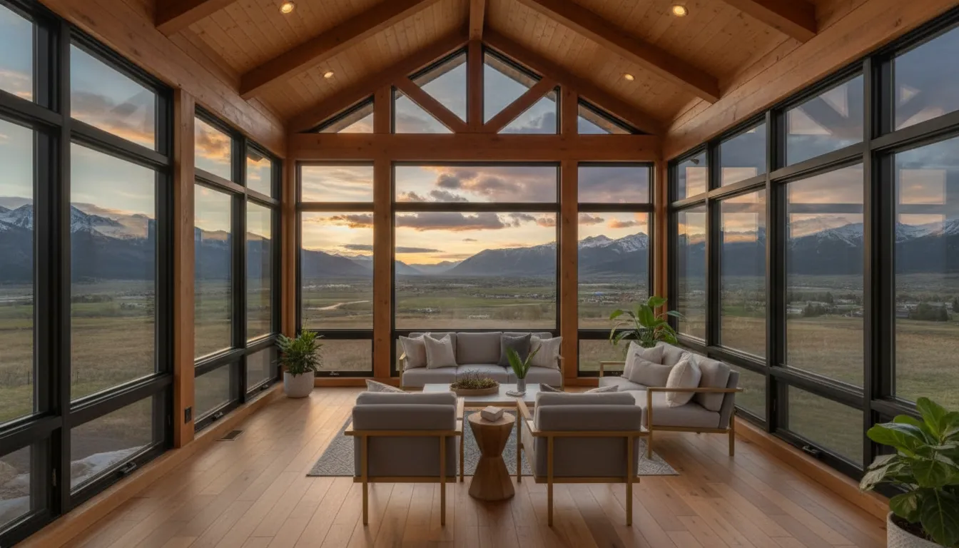 Modern sunroom addition with large windows, mountain views, and cozy seating ideas for Utah homes.
