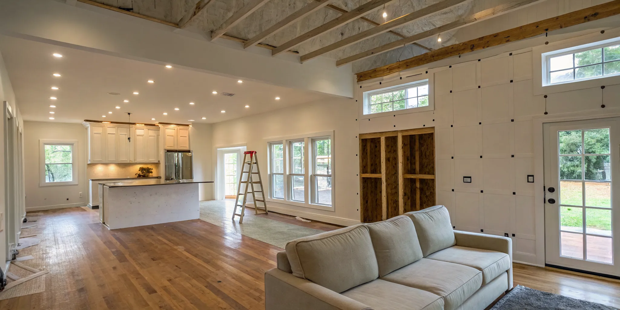Home renovation of an open concept kitchen and living room with exposed beams and unfinished walls.