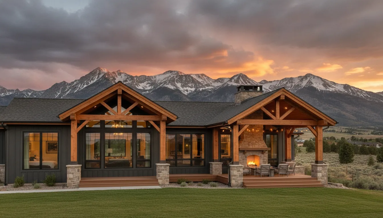 Modern timber frame home in Utah with exposed beams, stone fireplace, and sunset mountain views.