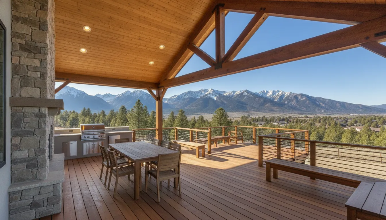 Spacious Utah wood deck with outdoor dining area and mountain views.
