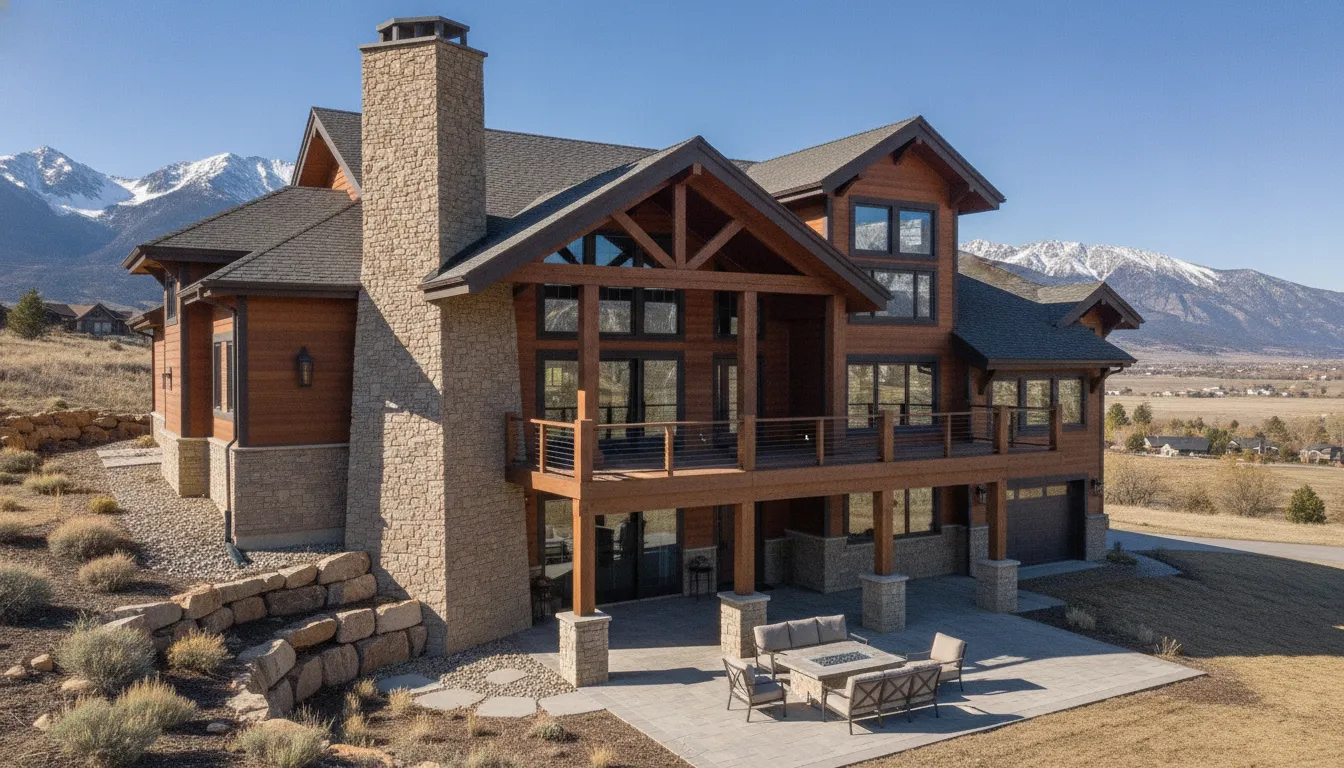 Modern walkout basement house with stone and wood exterior on a sloping Utah mountain lot.