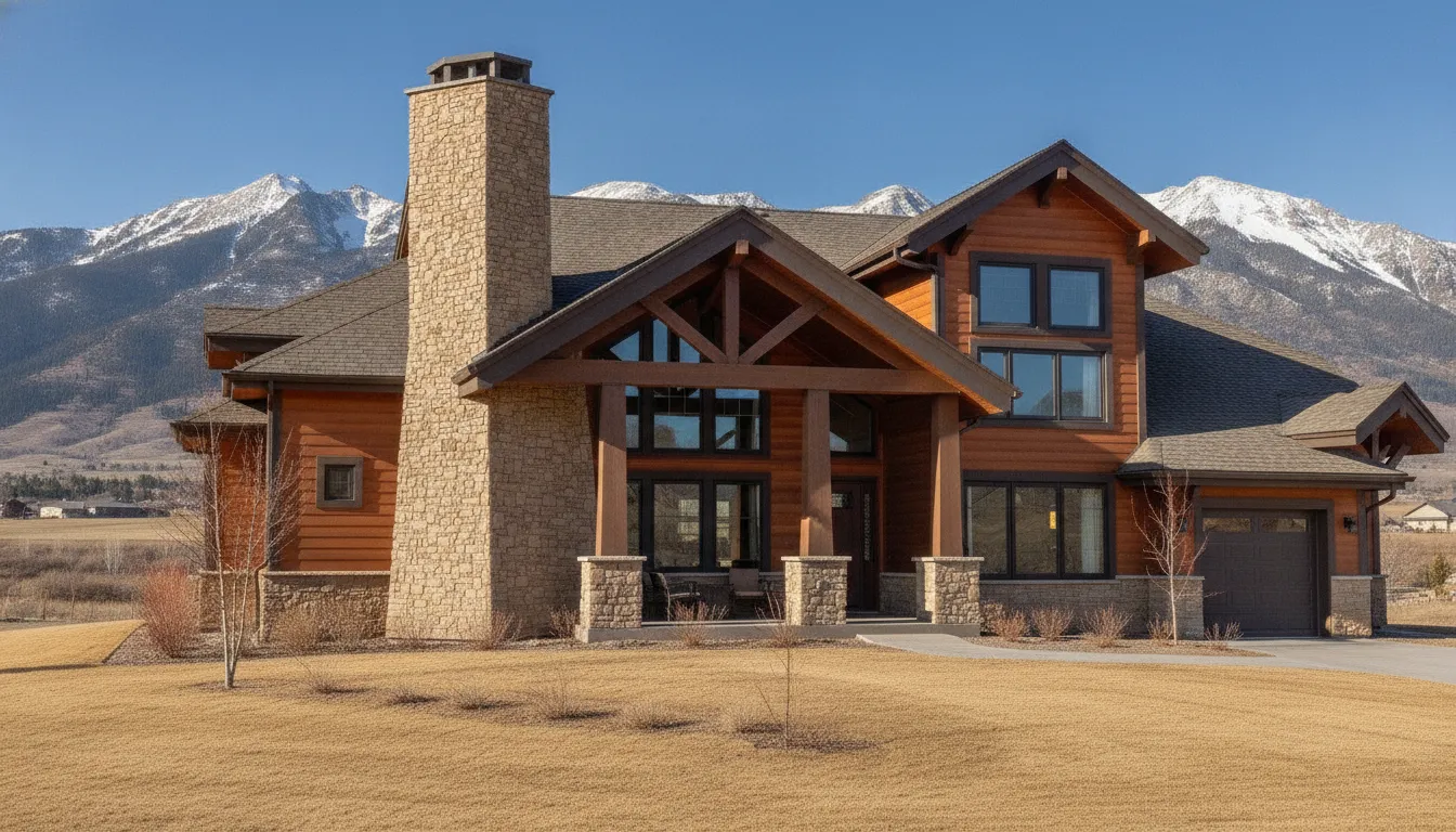 A modern home with clean lines, large windows, and a wood and stone exterior.