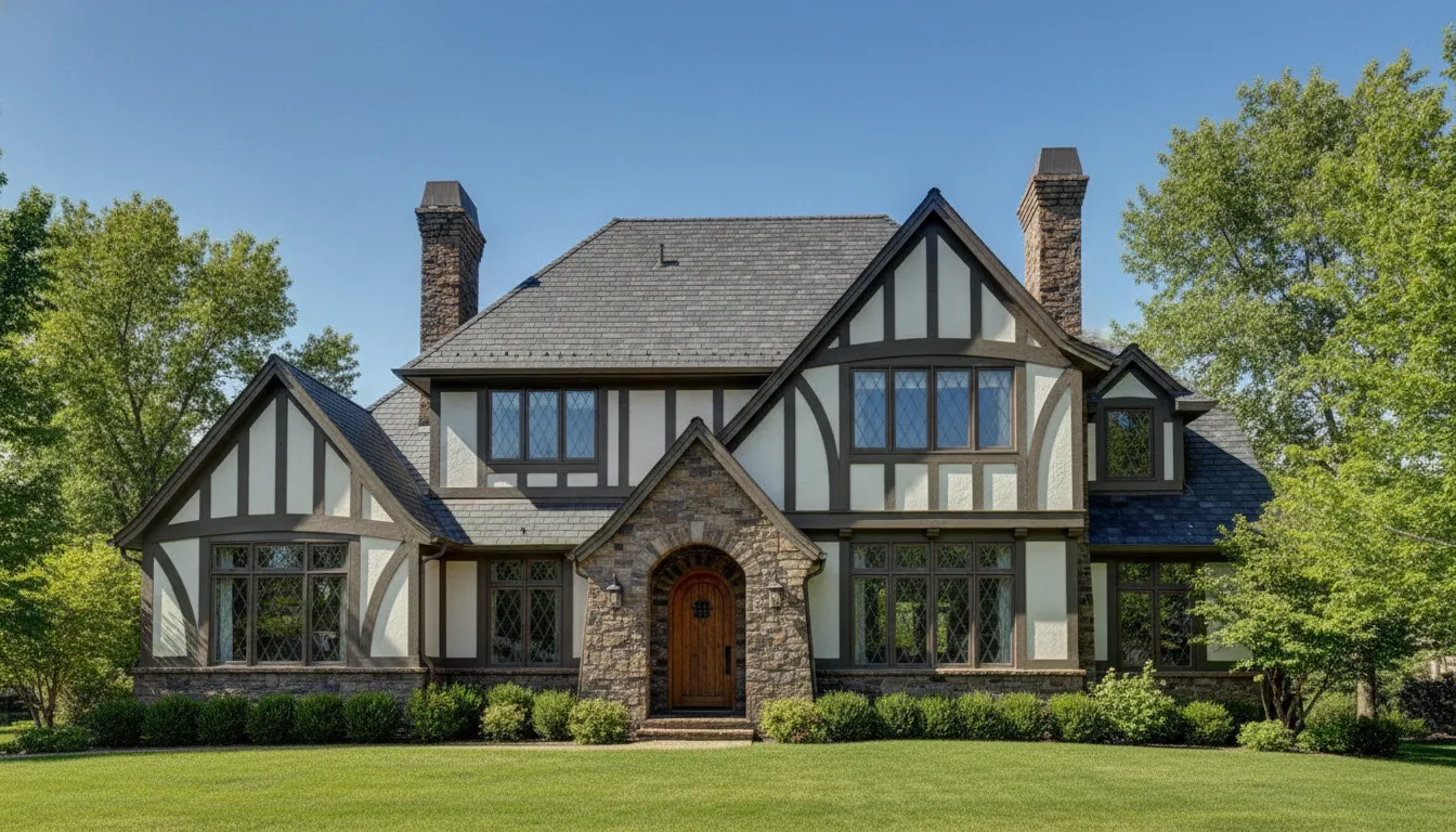 Tudor style house with steep gables, half-timbering, stone entry, and diamond-pane windows.
