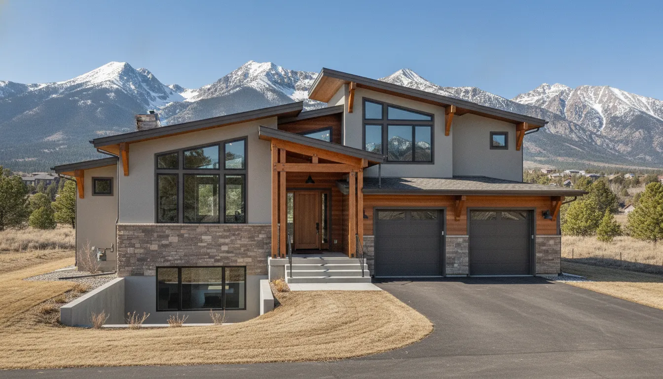 Modern split-level house with large windows, attached garage, and Utah mountain views.