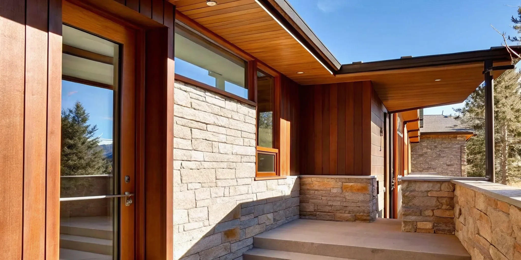Modern stone house built with natural stone and wood siding in a mountain setting.
