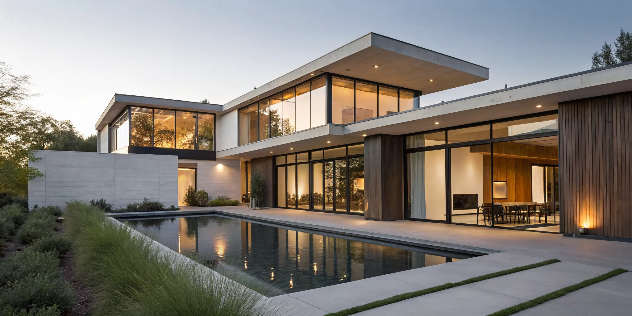 Modern house design with clean lines and large windows beside a pool.