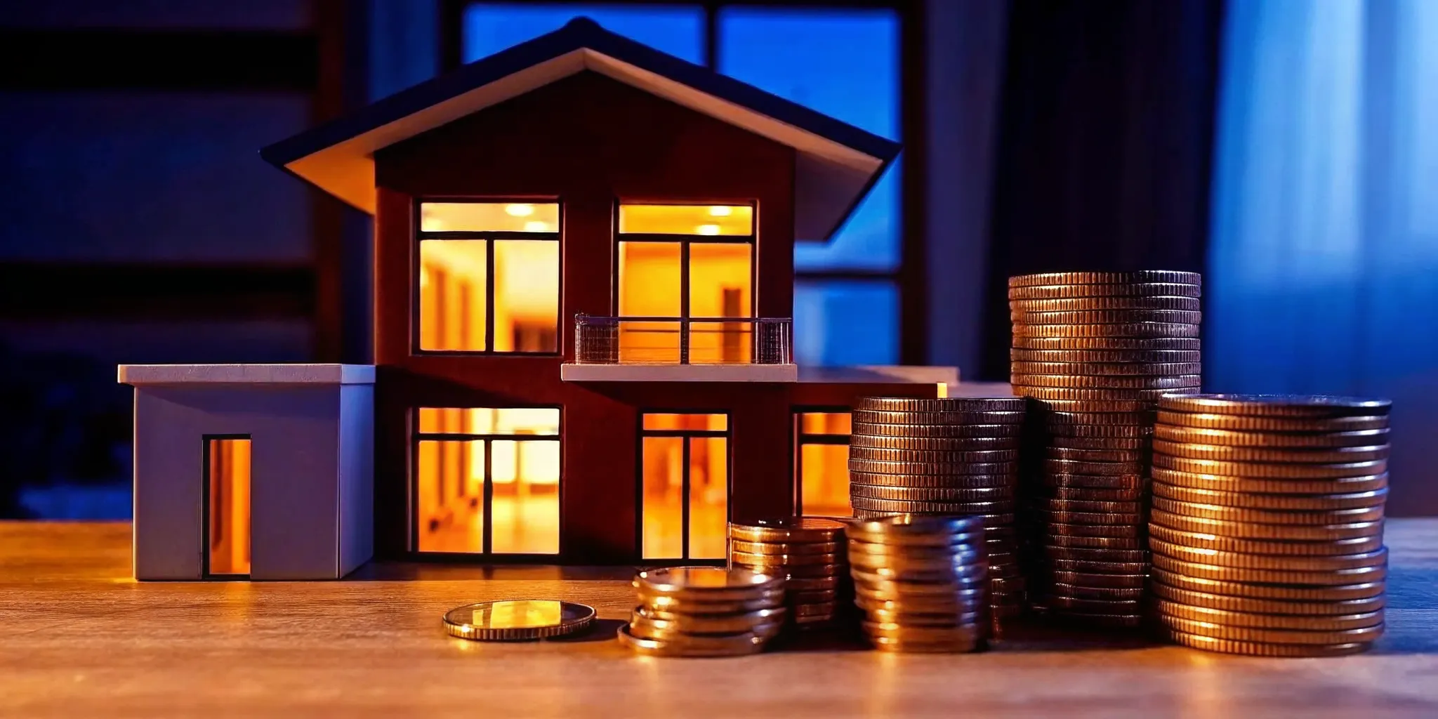 Model house and coins for the average cost per square foot to build a house.