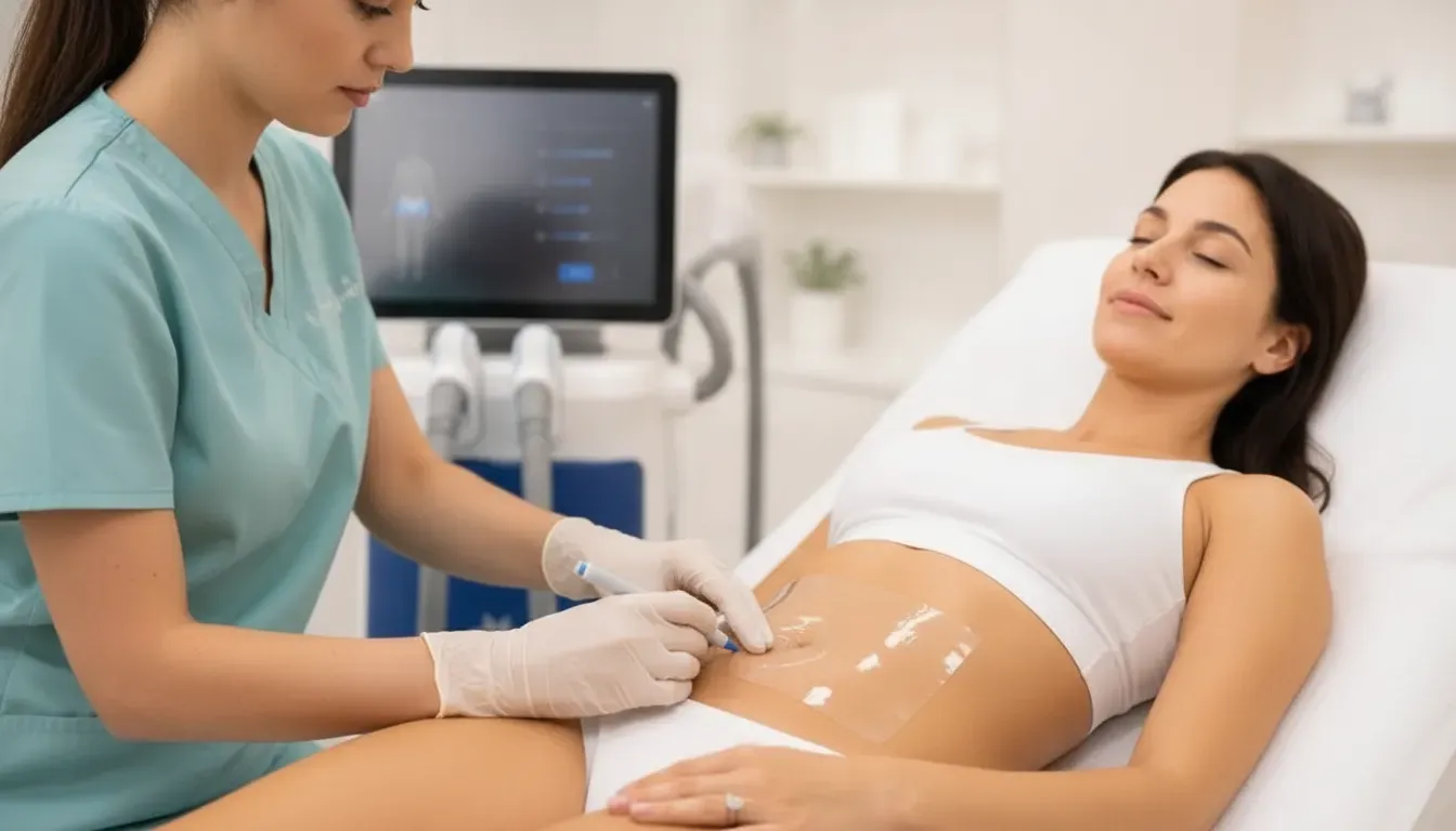 Clinician preparing a patient for non-invasive body contouring treatment