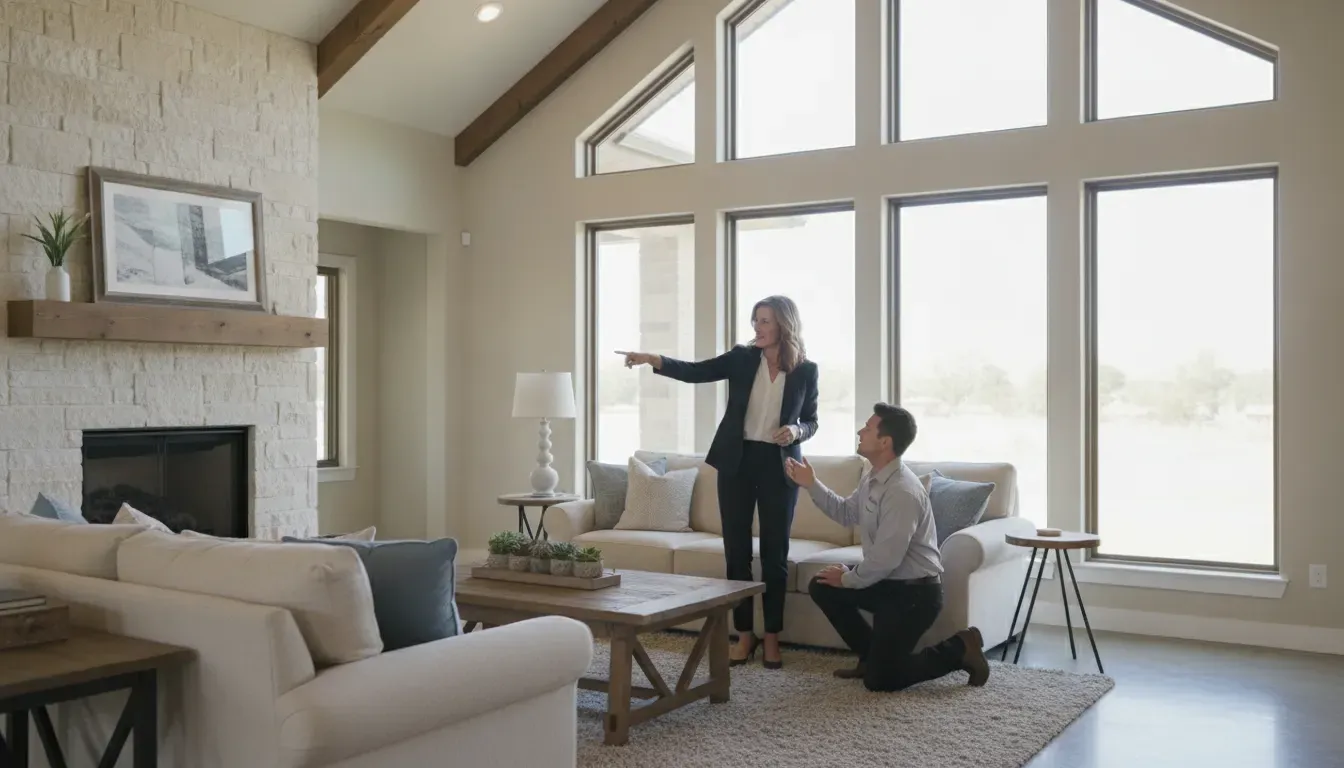Homeowner reviewing energy-efficient window options with a Texas installer