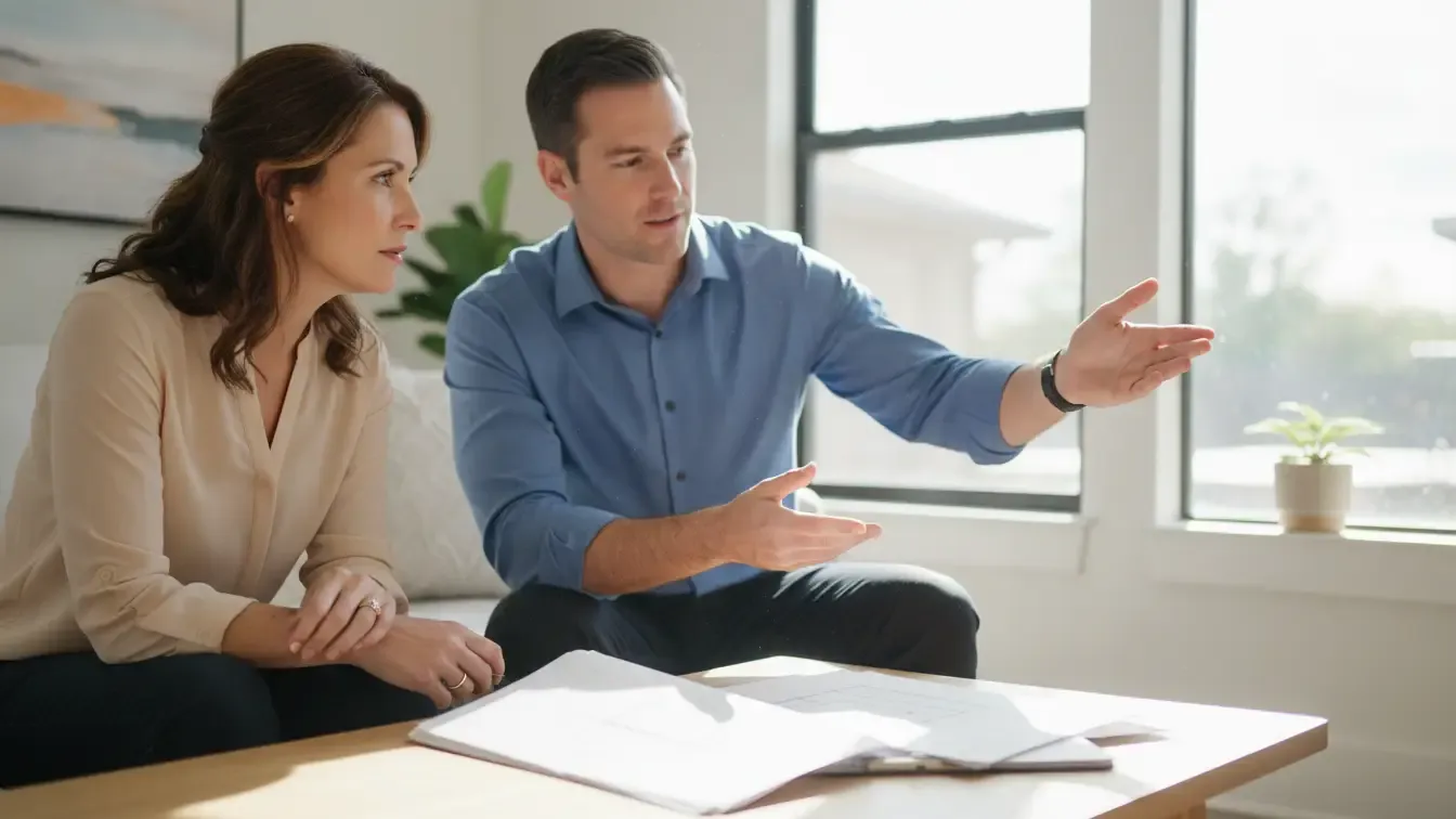 Homeowner and window project consultant discussing replacement plans in a bright Texas home