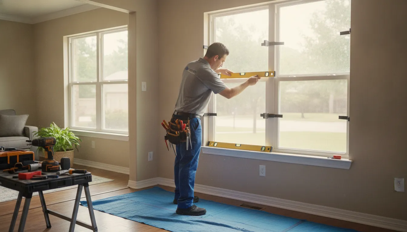 Installer leveling a replacement window inside a Texas home