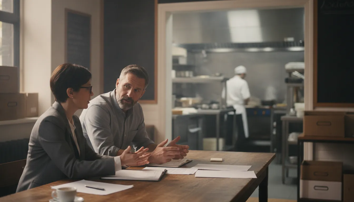 Restaurant owner and bookkeeper reviewing financial performance