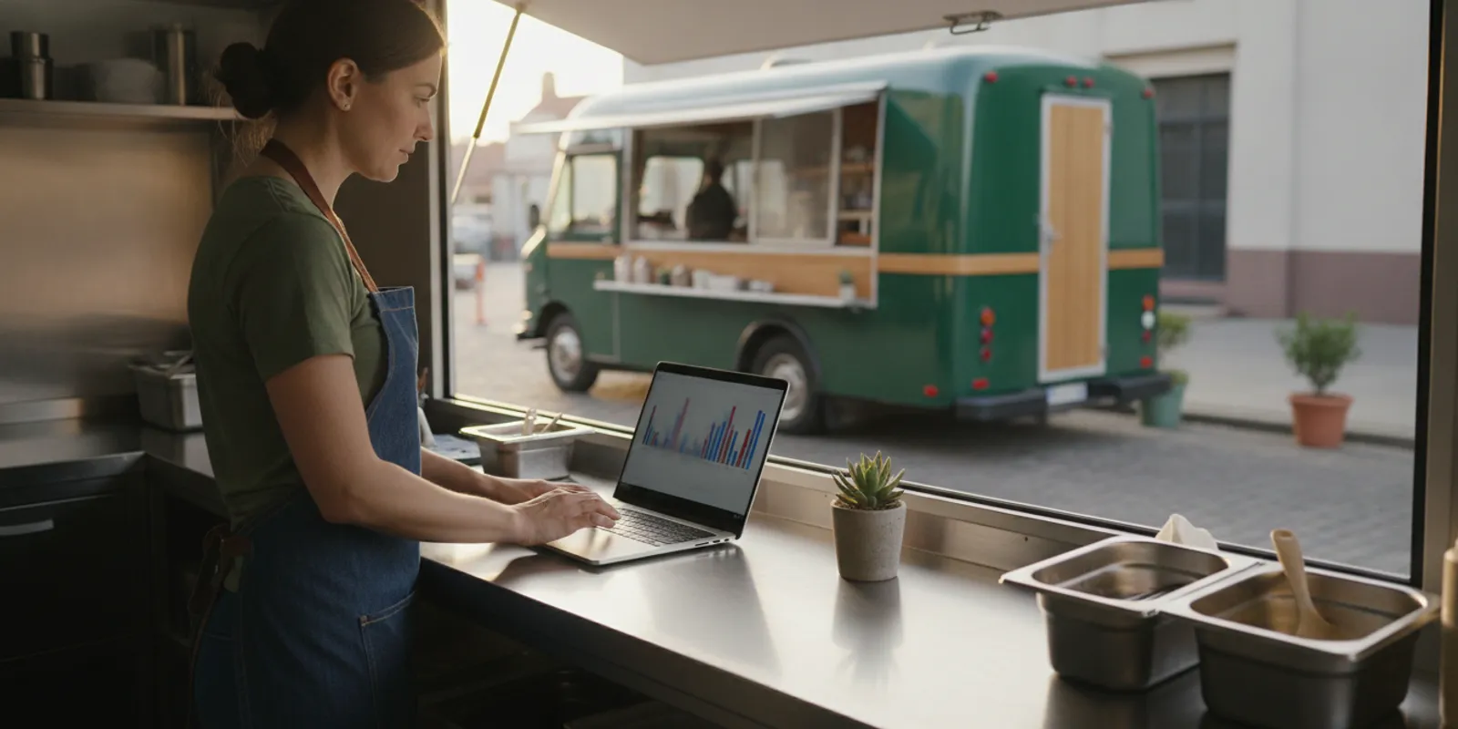 Food truck operator reviewing sales and expense records beside a service window