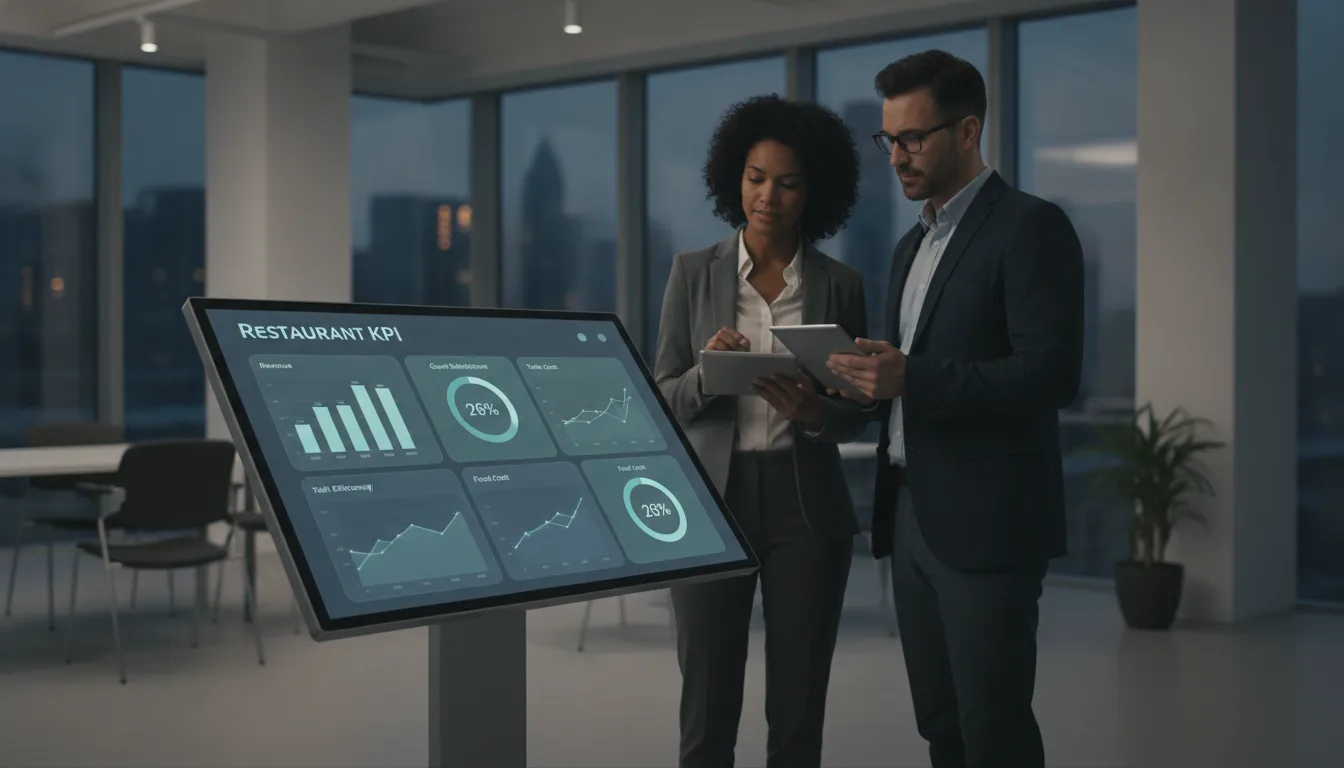 Two professionals reviewing restaurant KPI dashboard software data on a digital screen.