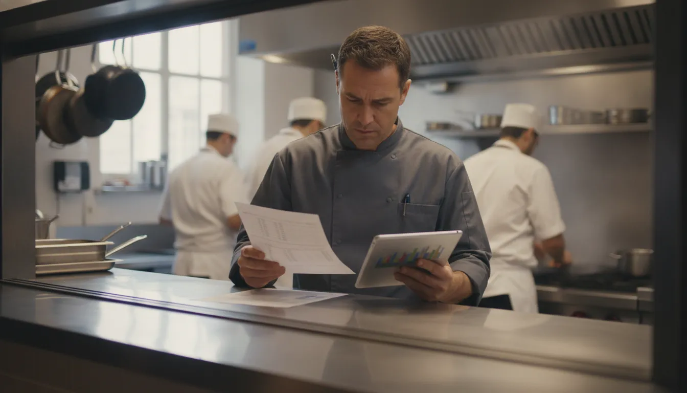 A restaurant manager reviews the weekly schedule and a daily labor dashboard before service