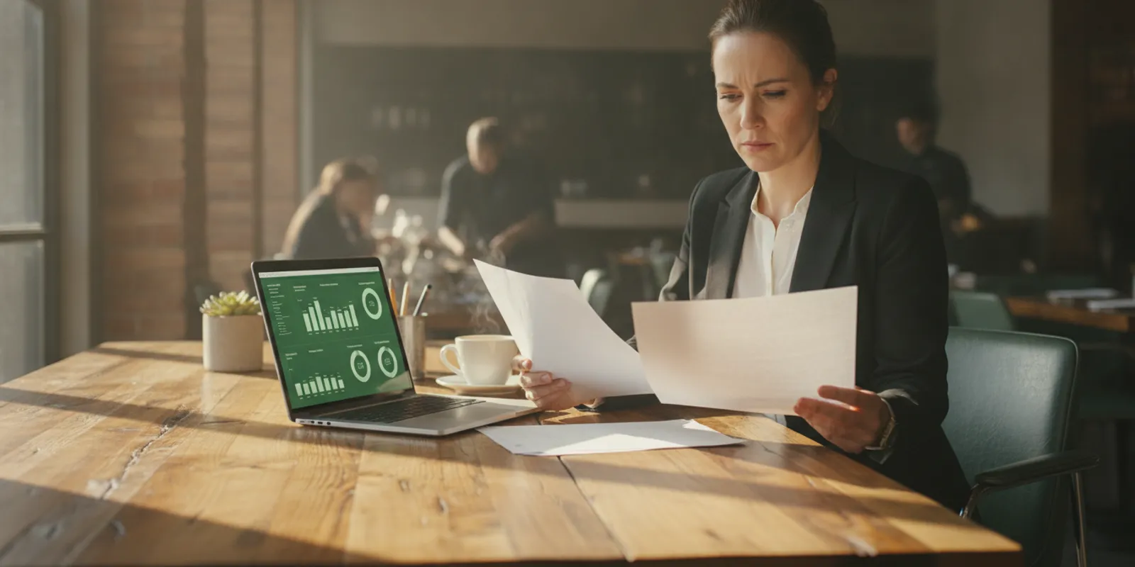 Restaurant operator reviewing financial reports for several restaurant locations