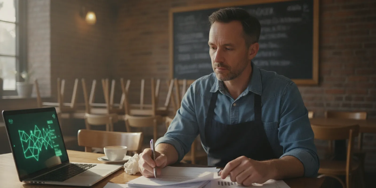 Restaurant operator reviewing sales, food cost, and labor reports at a table after service