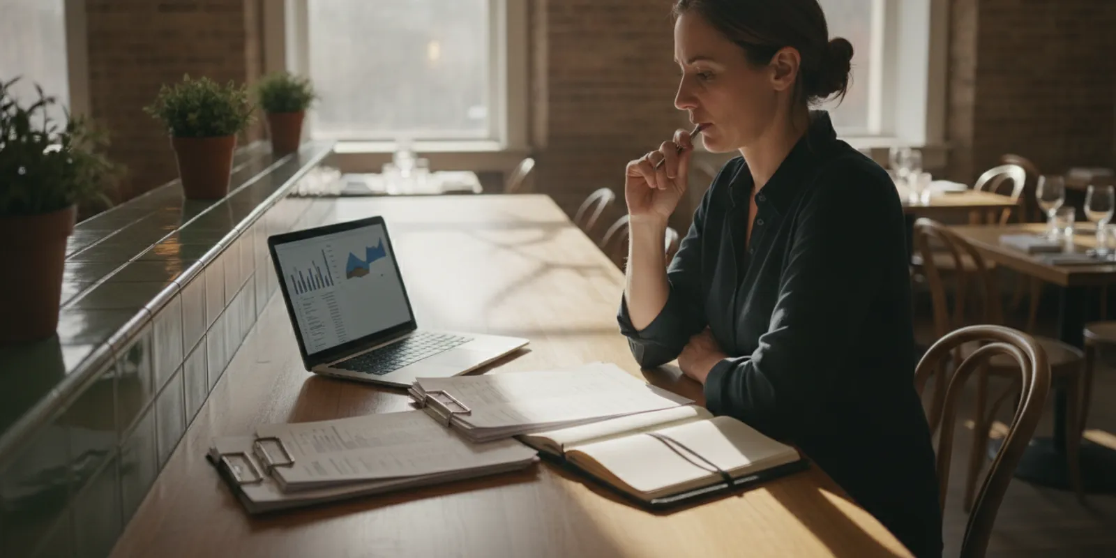 Restaurant operator reviewing sales and financial reports at a counter