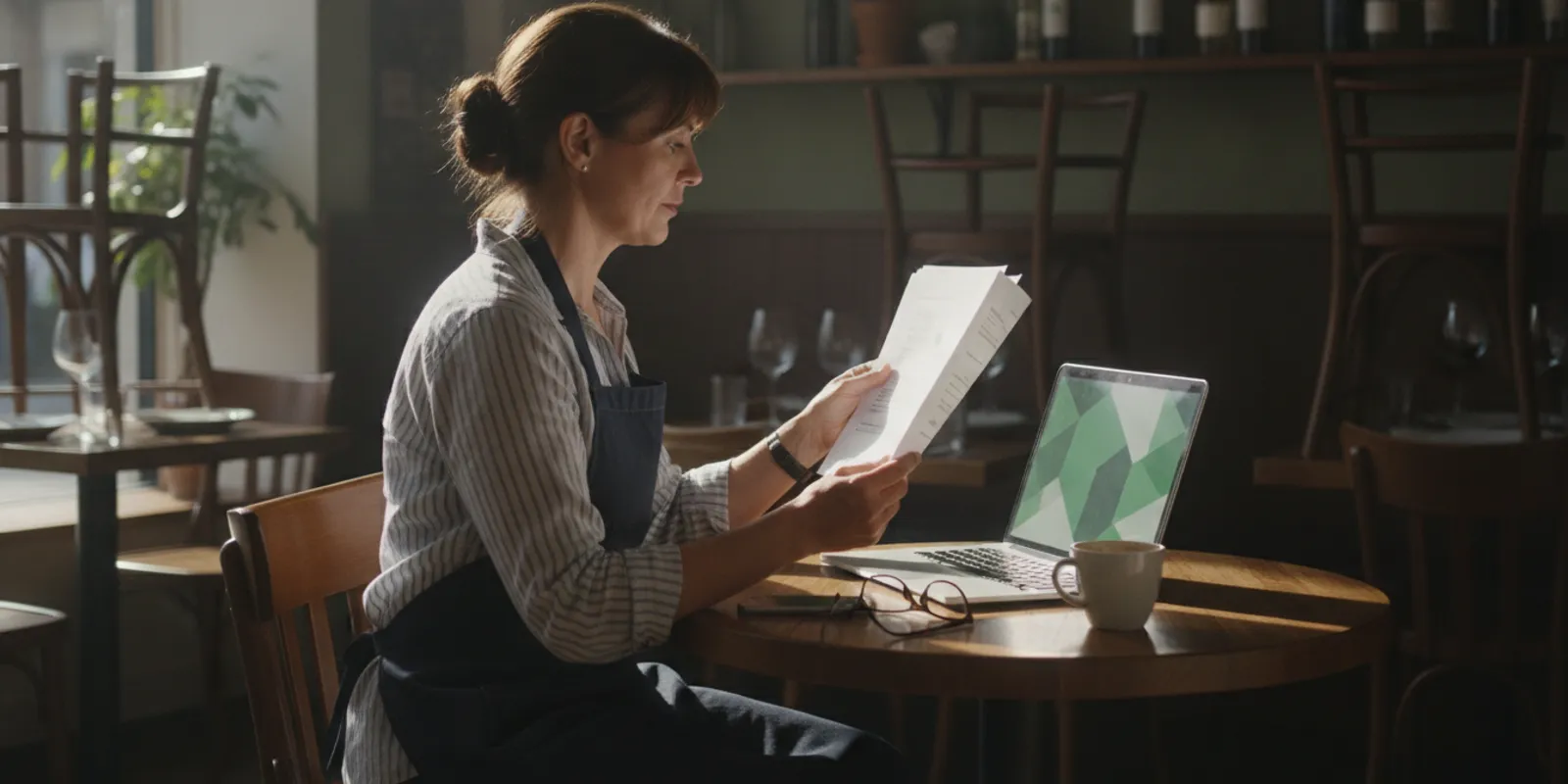 Restaurant owner reviewing sales and financial reports at a counter