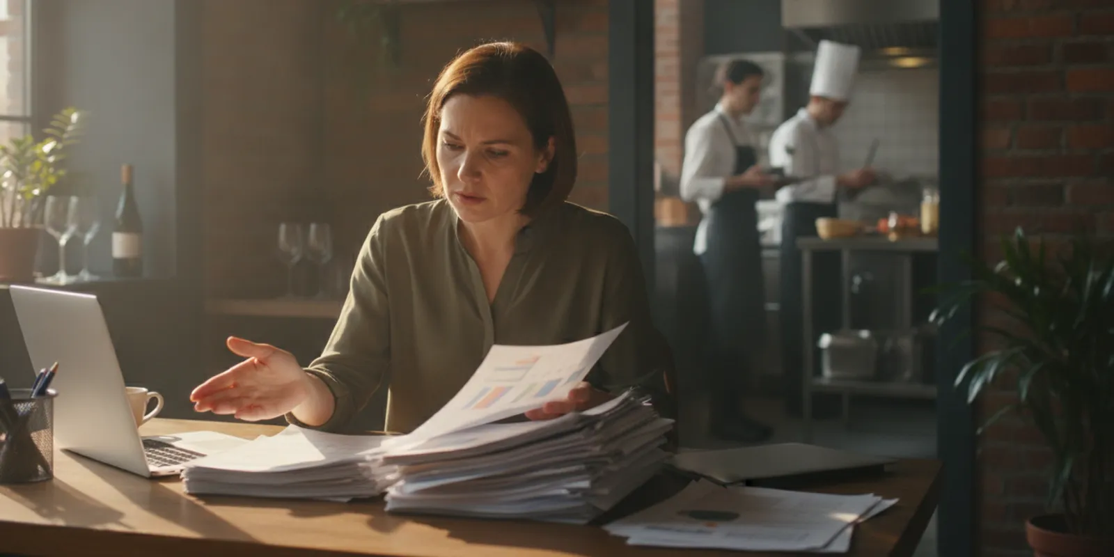 Restaurant owner reviewing sales and expense figures at a table in a working restaurant