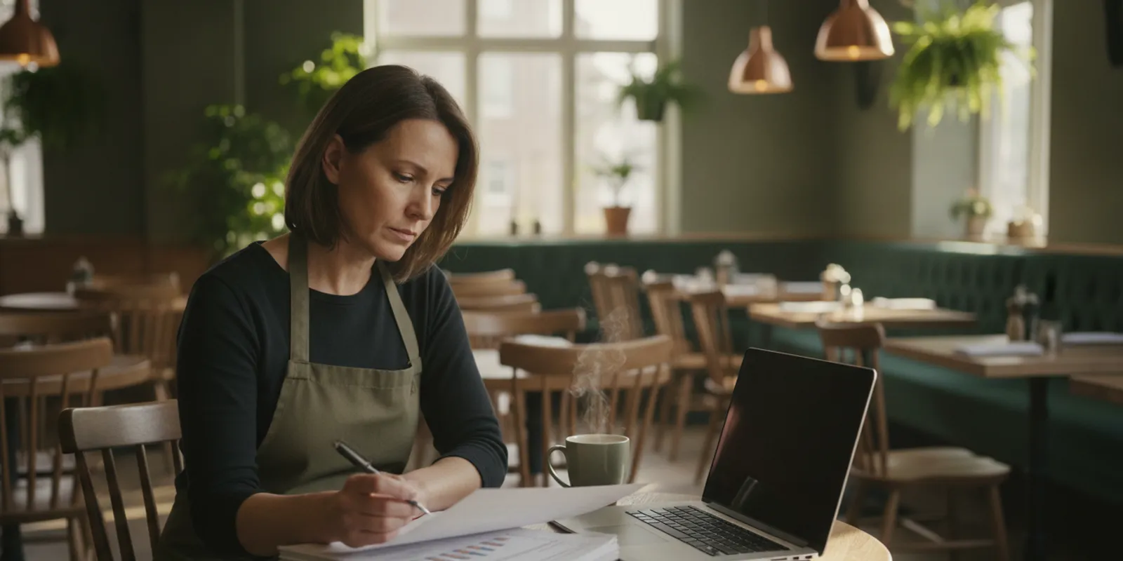 Restaurant owner reviewing financial reports at a table in a working restaurant